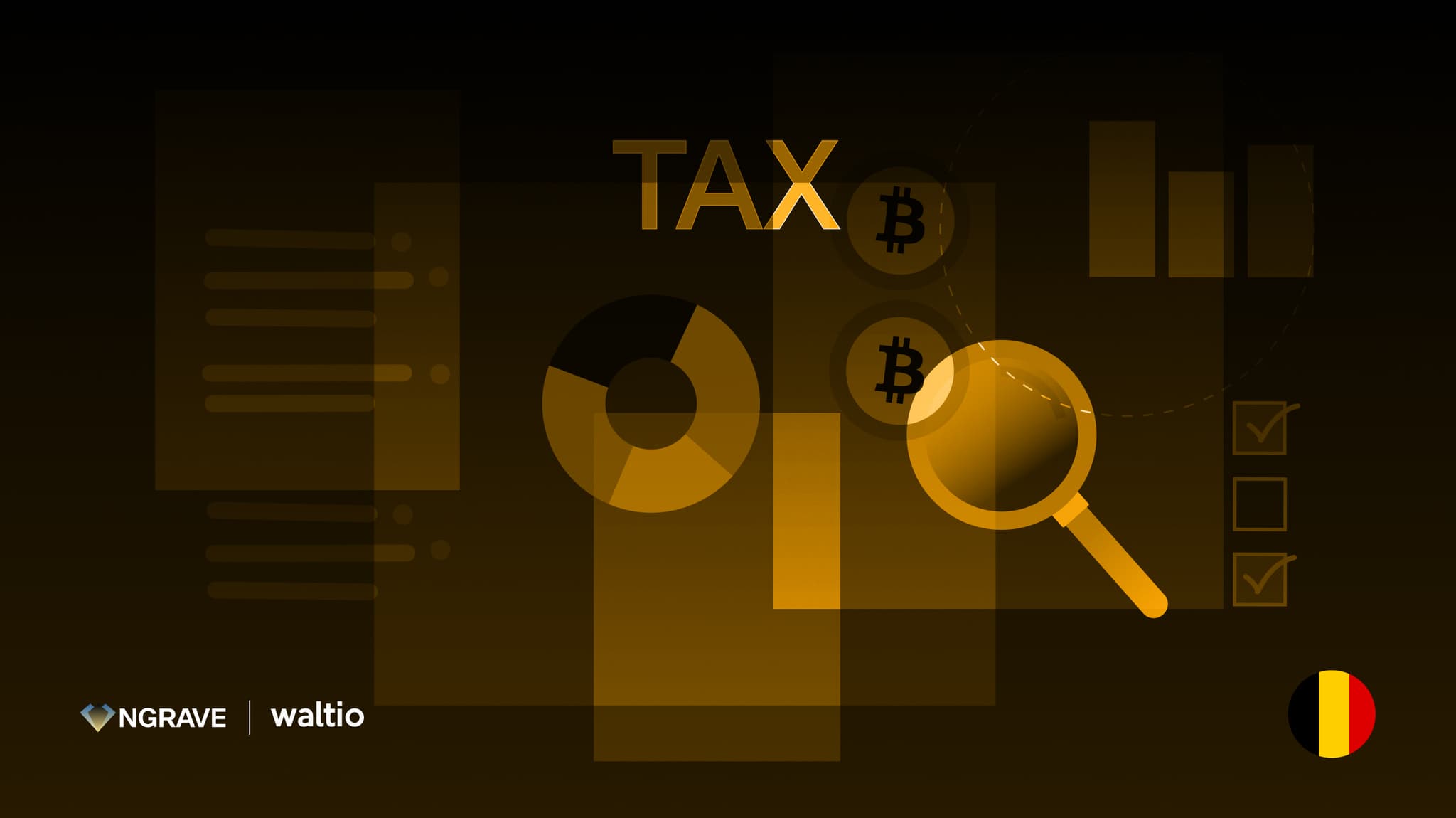 NGRAVE and Waltio crypto tax illustration with charts, Bitcoin icons and a Belgian flag