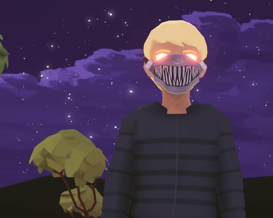 Metaverse avatar wearing a toothy mask with glowing eyes under a starry purple sky
