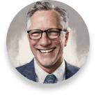 Smiling man with grey hair and glasses in a navy suit and tie