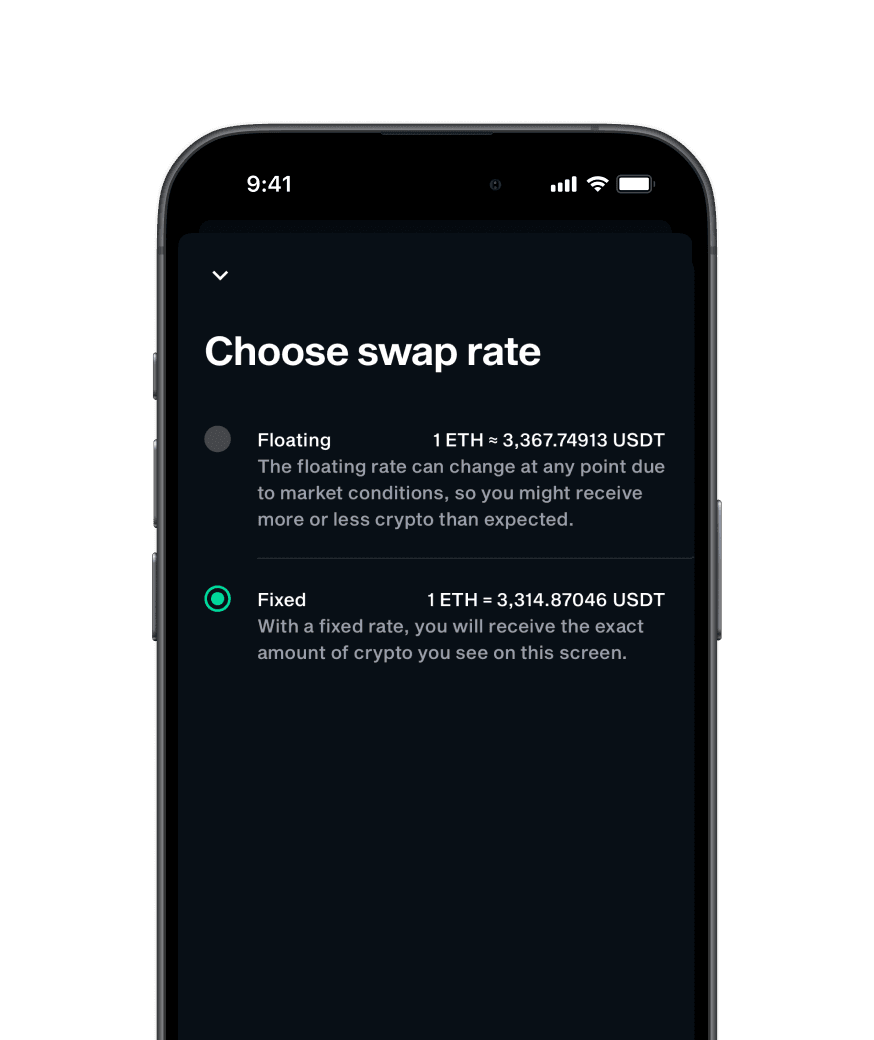 LIQUID app Choose swap rate screen with floating and fixed rate options, fixed selected