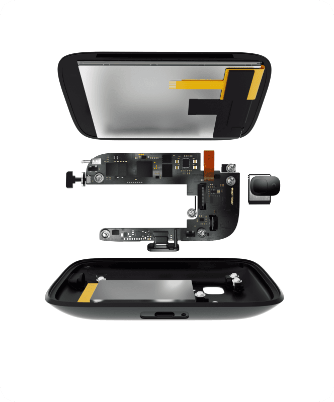 Disassembled NGRAVE ZERO with display, circuit board, camera and casing separated