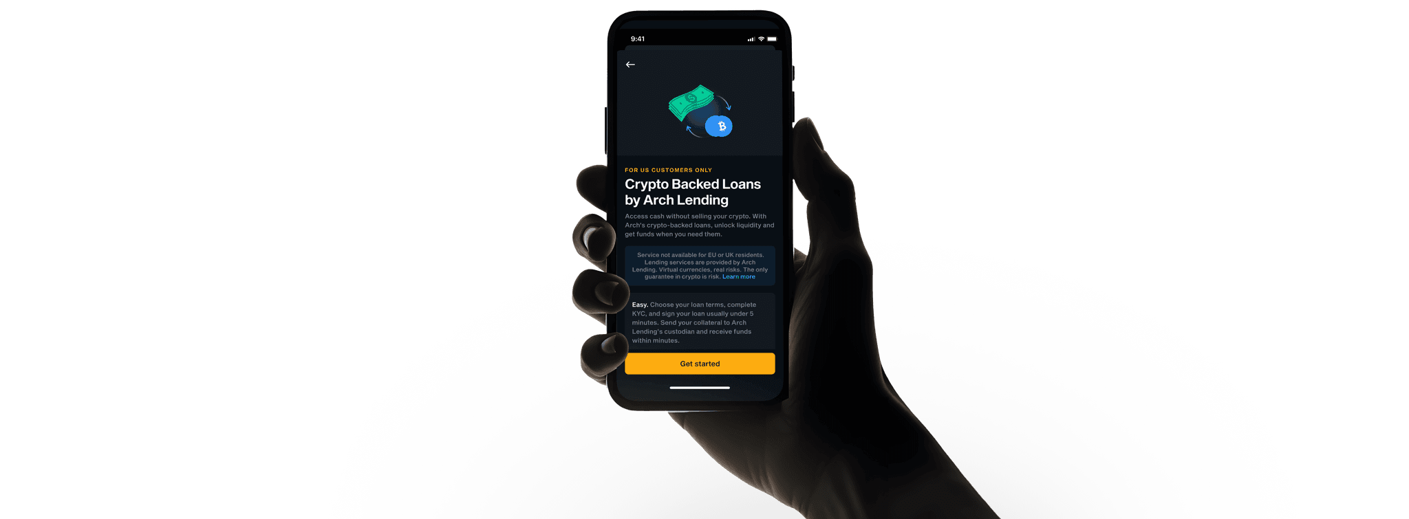Hand holding a phone showing the "Crypto Backed Loans by Arch Lending" screen