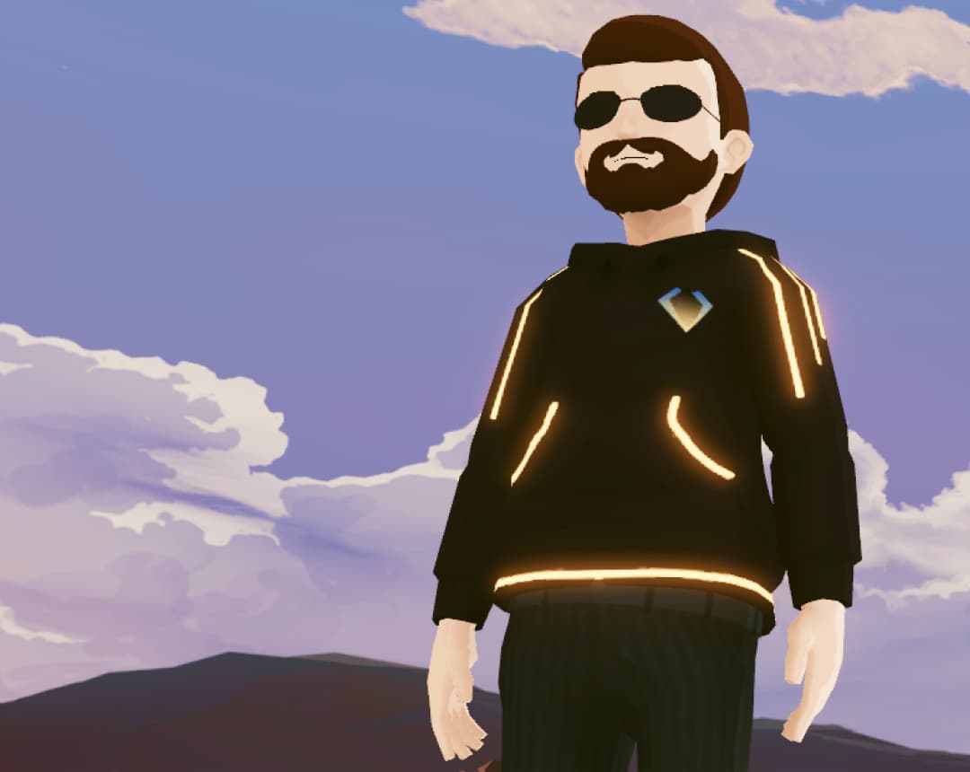 Metaverse avatar with beard and sunglasses wearing a black NGRAVE hoodie with glowing orange trim