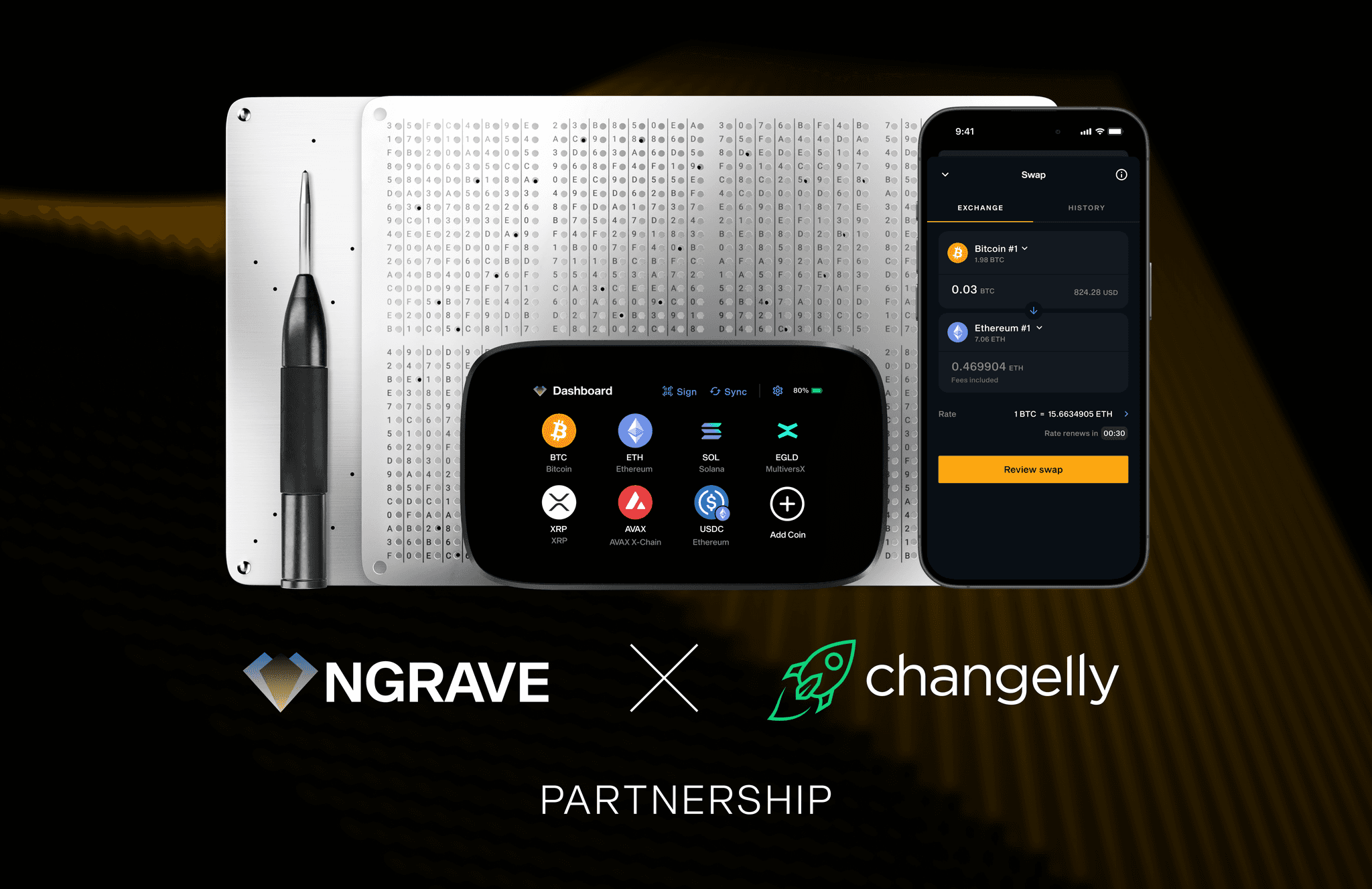 NGRAVE x Changelly partnership: ZERO, GRAPHENE plate and the LIQUID app swap screen