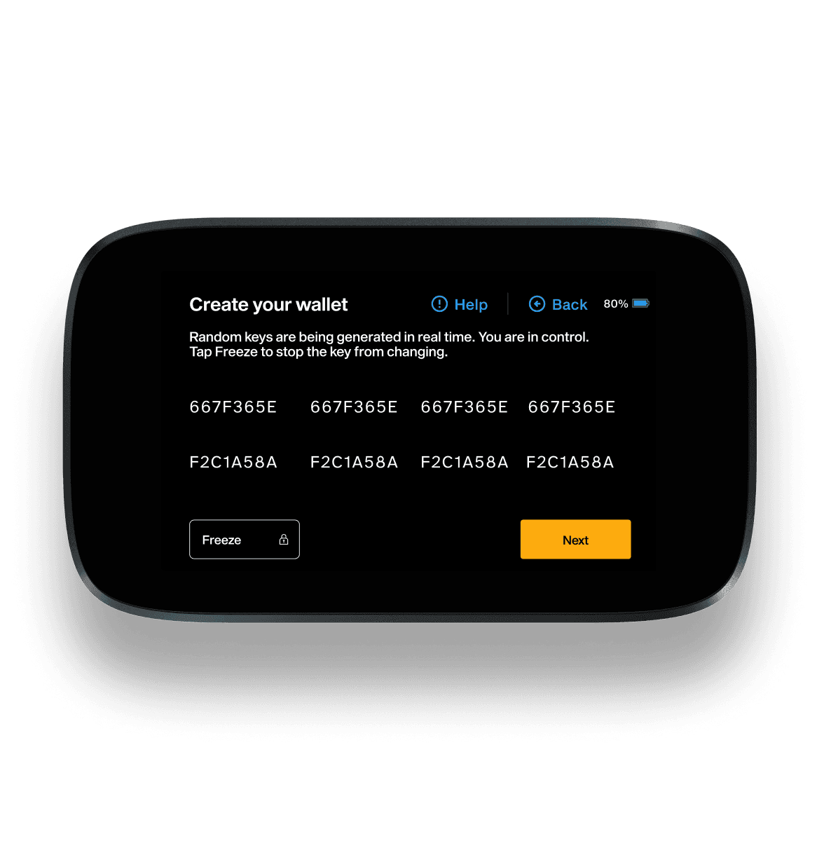 NGRAVE ZERO "Create your wallet" screen generating random keys in real time, with Freeze and Next buttons