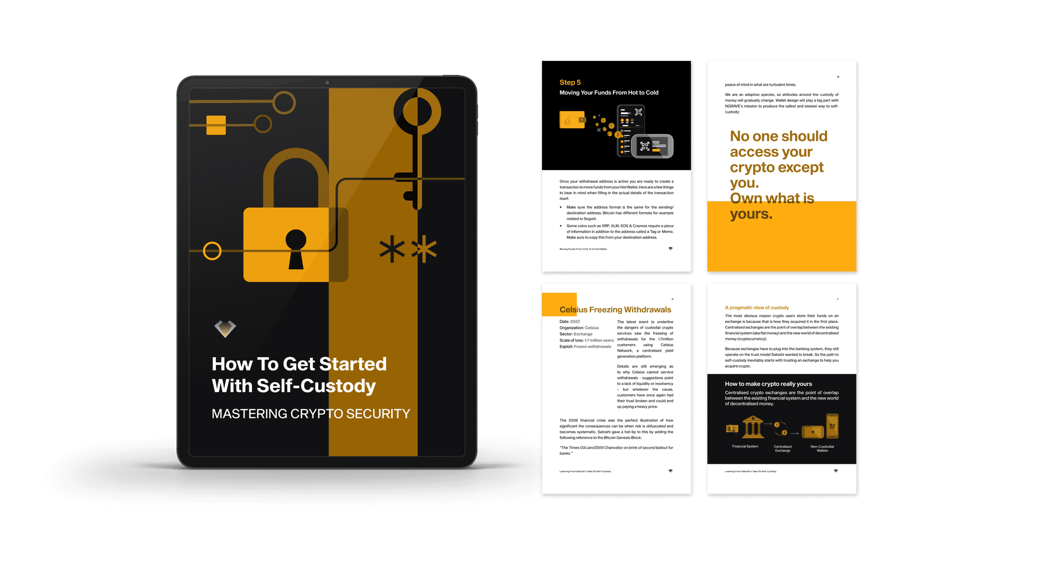 Tablet and sample pages of the e-book How to get started with self-custody: mastering crypto security