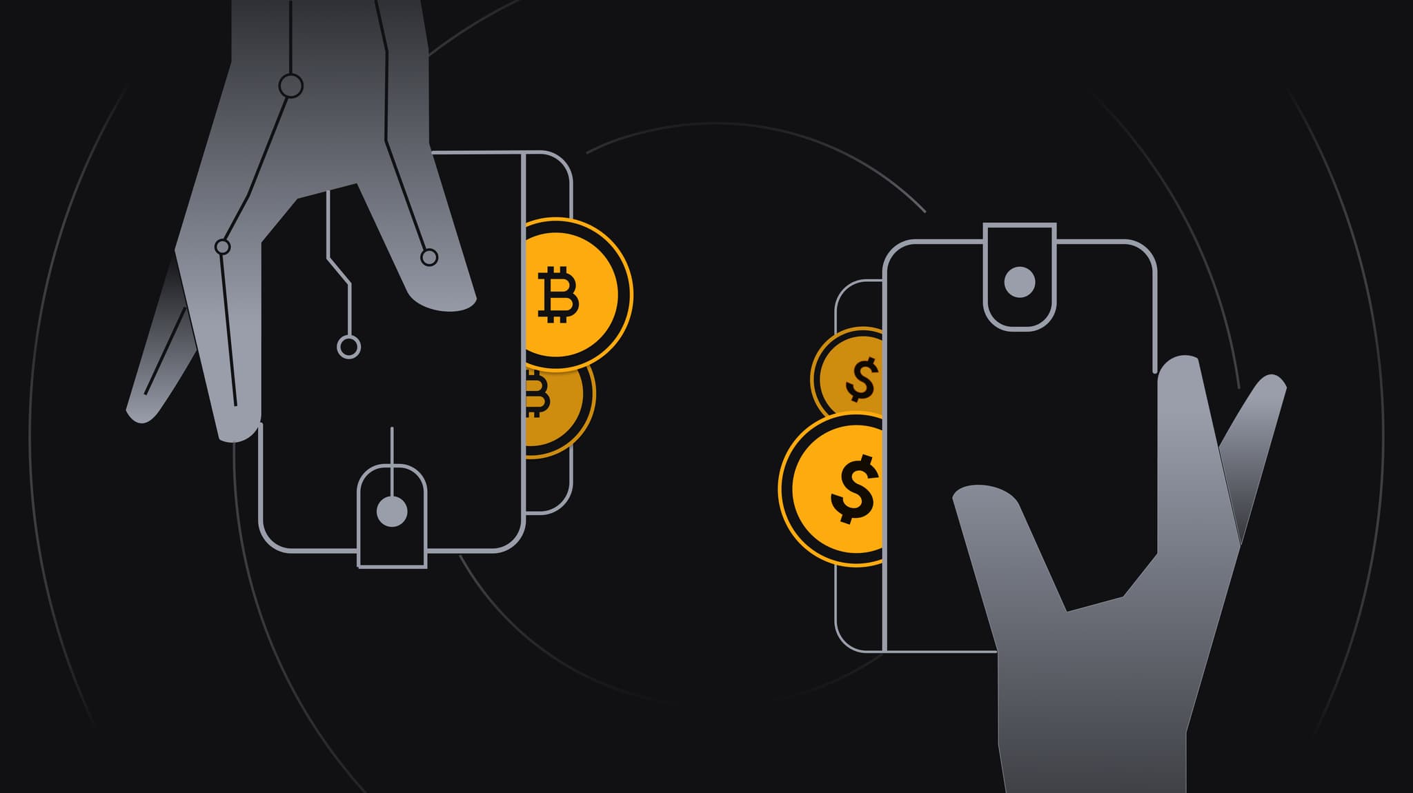 Illustration of two hands exchanging wallets, one holding Bitcoin coins and the other dollar coins