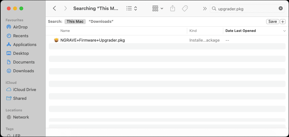 File search window showing results for "upgrader.pkg" on a Mac, highlighting a file named "NGRAVE+Firmware+Upgrader.pkg" in the Downloads folder.