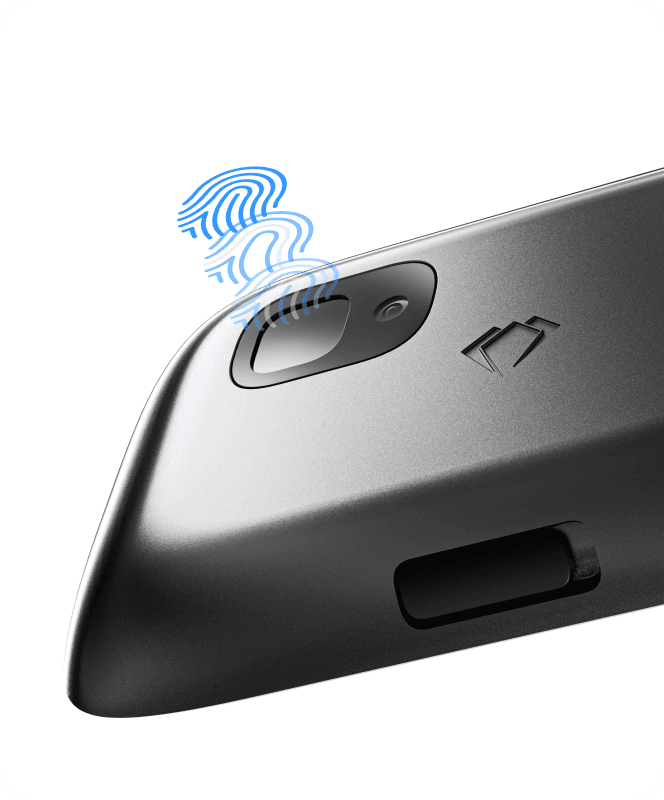 Back of NGRAVE ZERO with fingerprint graphics over its biometric sensor