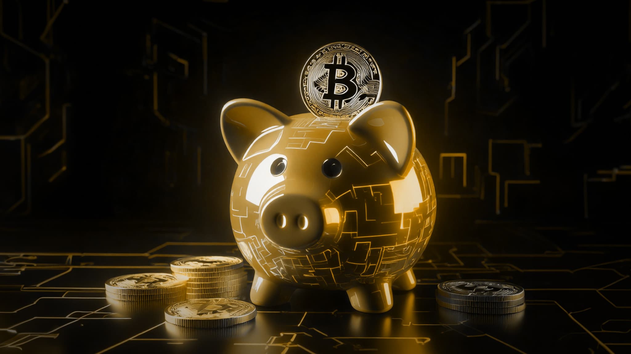 Golden piggy bank with a Bitcoin coin dropping in, surrounded by stacks of coins