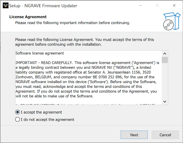 NGRAVE Firmware Updater setup on Windows showing the license agreement with Accept selected