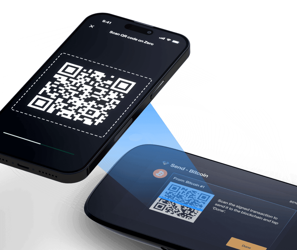 Phone in the LIQUID app scanning a QR code shown on NGRAVE ZERO to send a signed Bitcoin transaction