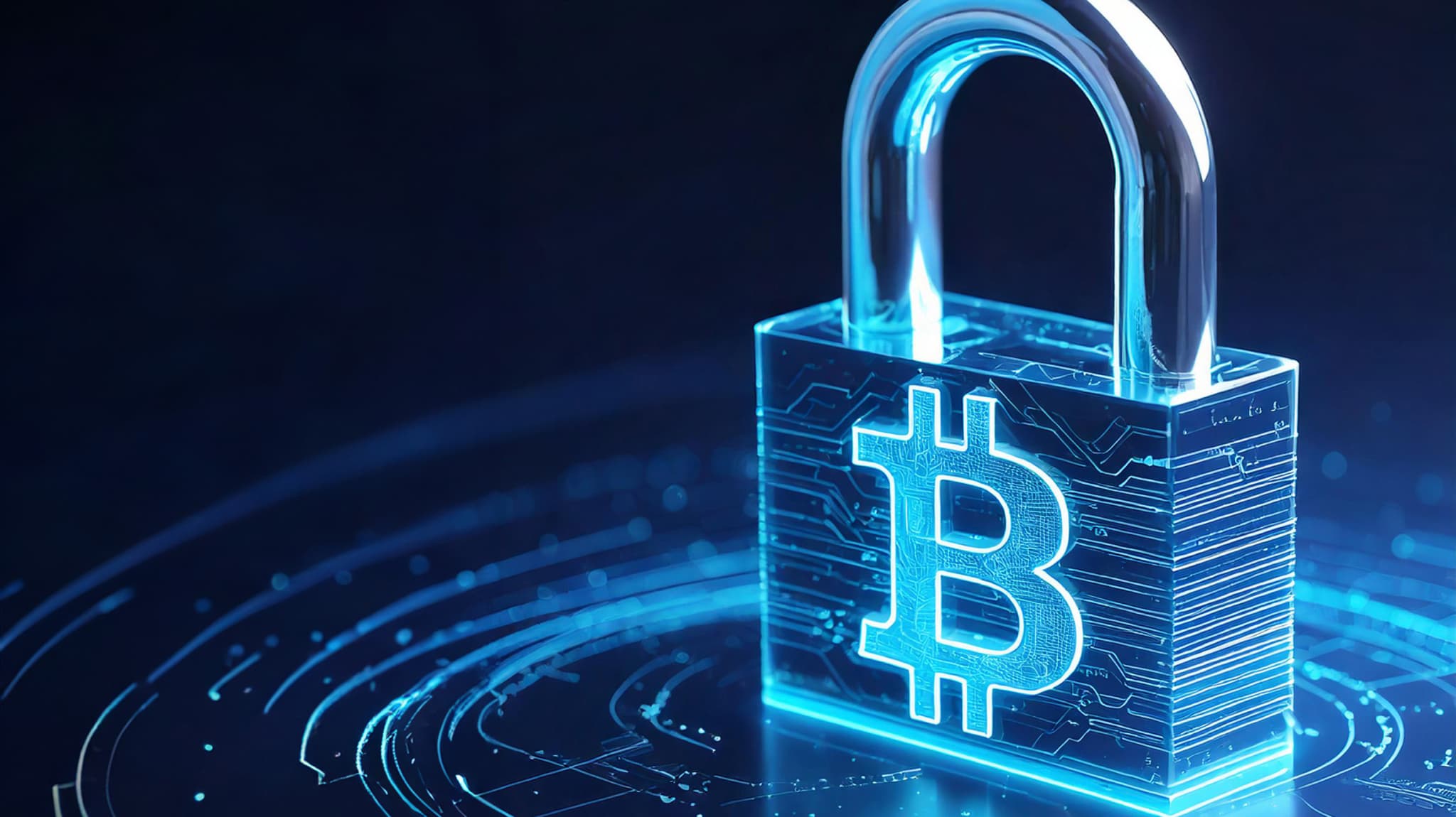 Glowing blue padlock with a Bitcoin symbol on a digital circuit background
