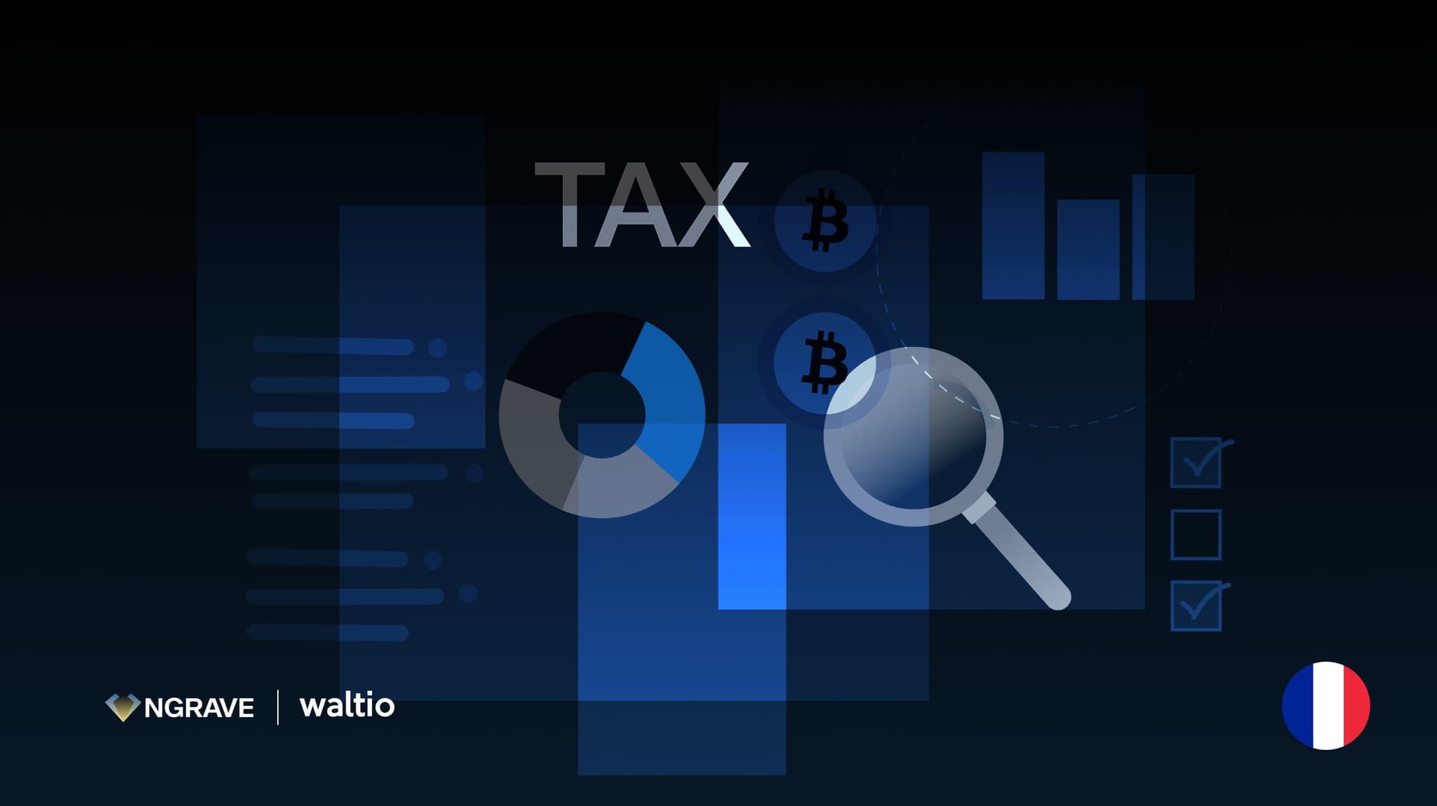 NGRAVE and Waltio crypto tax illustration with charts, Bitcoin icons and a French flag