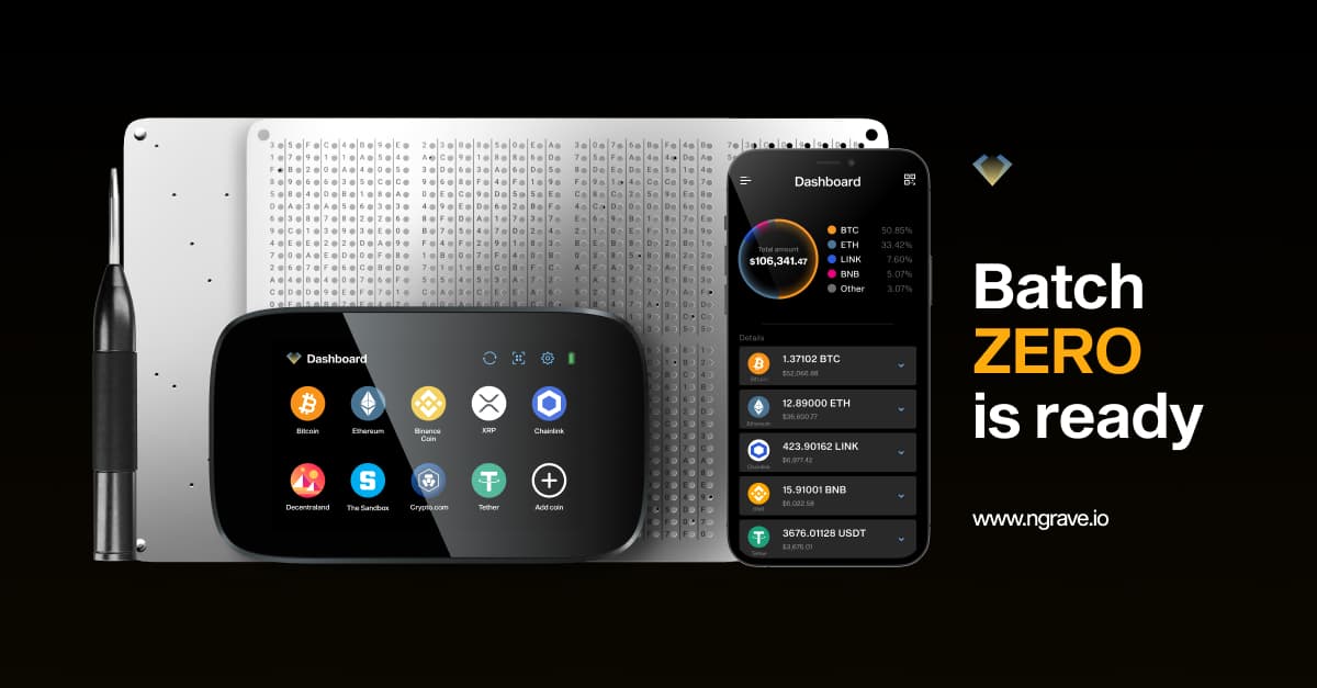 NGRAVE ZERO, GRAPHENE plates, punch pen and LIQUID app with the headline Batch ZERO is ready