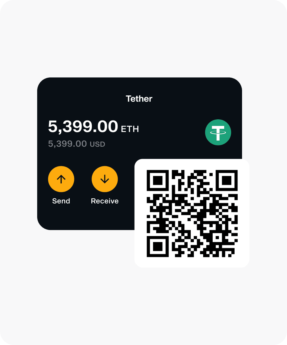 LIQUID Tether card with Send and Receive buttons and a QR code for receiving funds