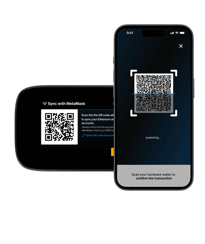 Smartphone scanning the "Sync with MetaMask" QR code shown on NGRAVE ZERO