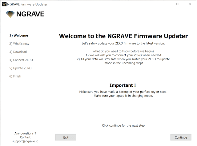 NGRAVE Firmware Updater welcome screen reminding you to back up your key and charge your laptop
