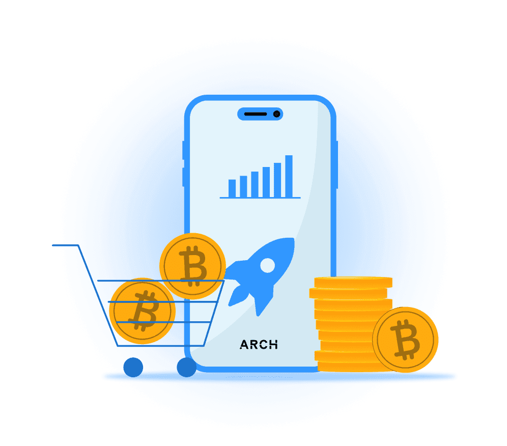 Illustration of a phone with a rising chart and rocket labeled ARCH, with Bitcoin coins and a shopping cart