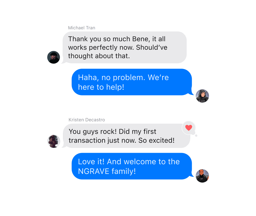 Chat messages where customers thank NGRAVE support and get a warm welcome to the NGRAVE family