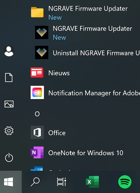 Windows Start menu showing the newly installed NGRAVE Firmware Updater