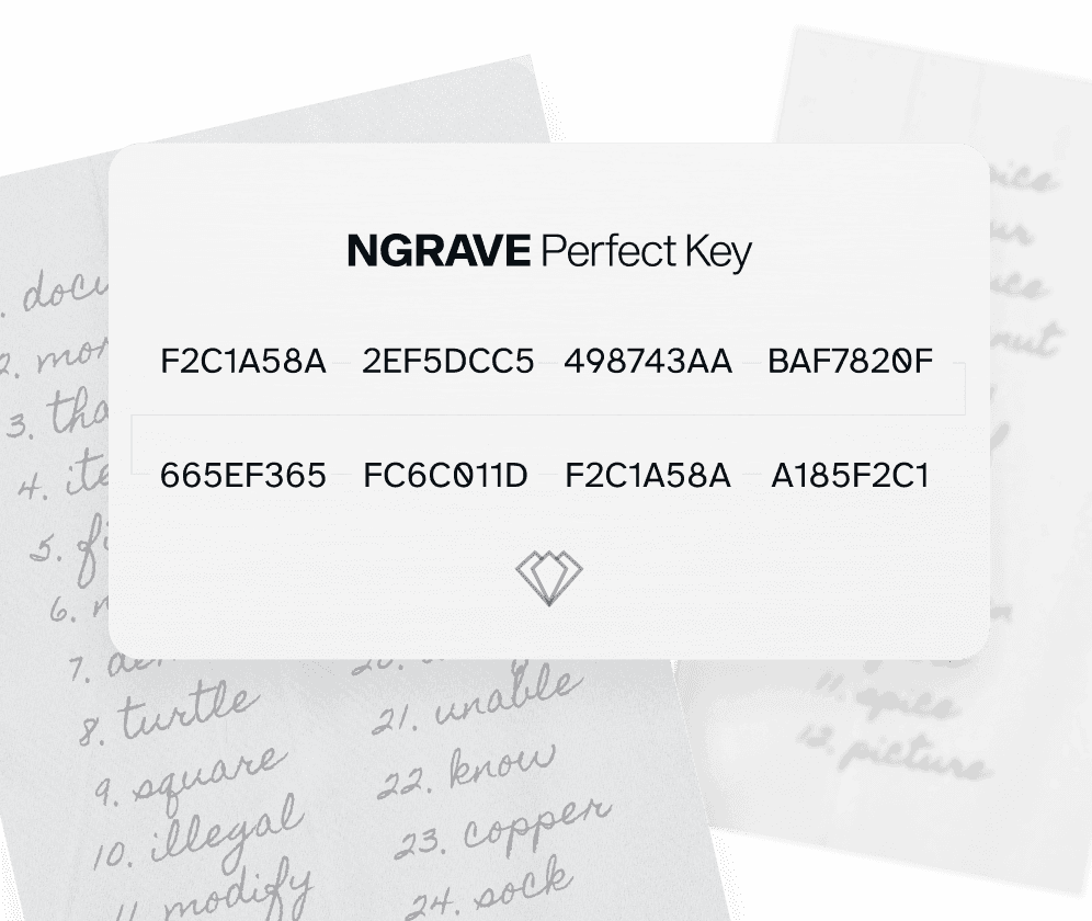NGRAVE Perfect Key card with hexadecimal key groups in front of handwritten seed word lists