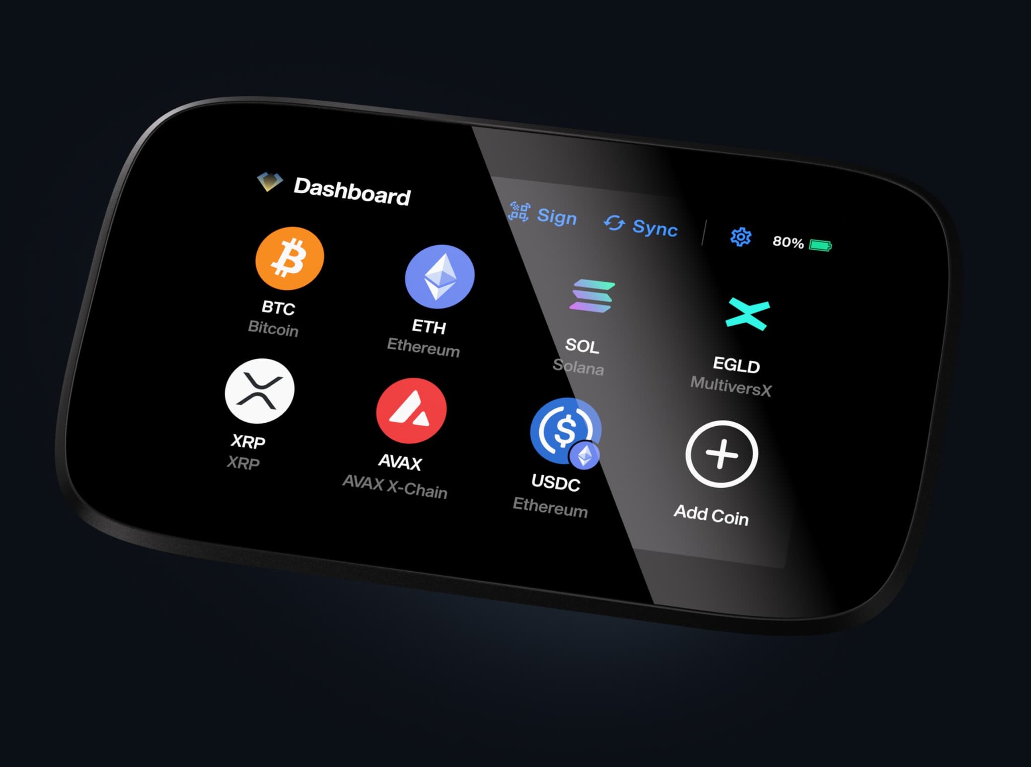 NGRAVE ZERO touchscreen showing the dashboard with BTC, ETH, SOL, EGLD, XRP, AVAX, USDC and Add Coin