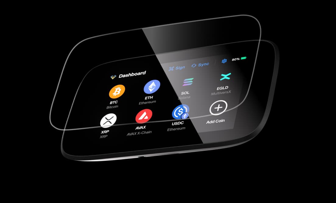 Screen protector glass floating above the NGRAVE ZERO touchscreen showing the coin dashboard