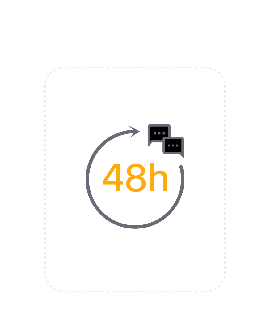 48h icon with a circular arrow and chat bubbles, indicating a reply within 48 hours