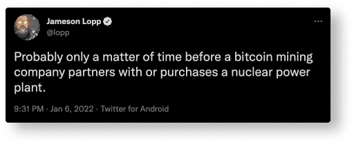 Tweet by Jameson Lopp predicting a bitcoin miner will partner with or buy a nuclear power plant