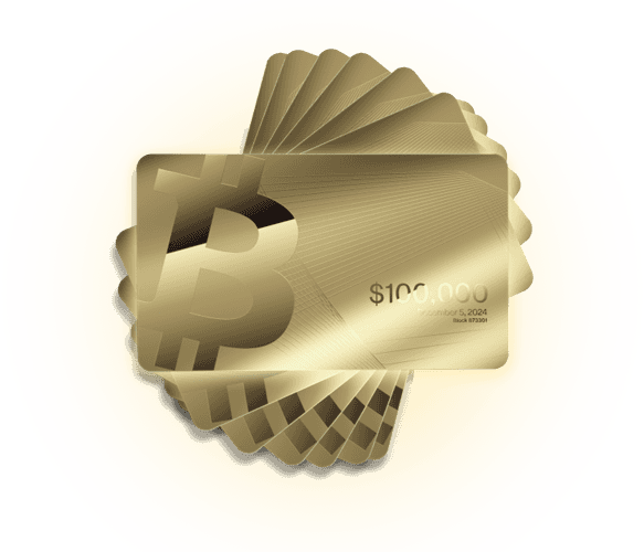 Fan of gold $100,000 Bitcoin cards from a limited run