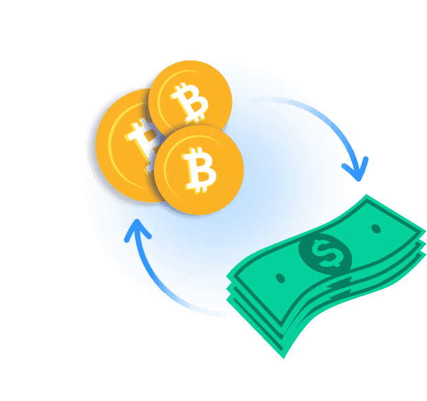 Illustration of Bitcoin coins and dollar banknotes linked by circular arrows, showing crypto to cash exchange