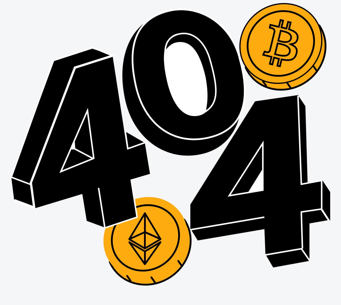 Large 3D 404 with Bitcoin and Ethereum coins, signalling the page was not found