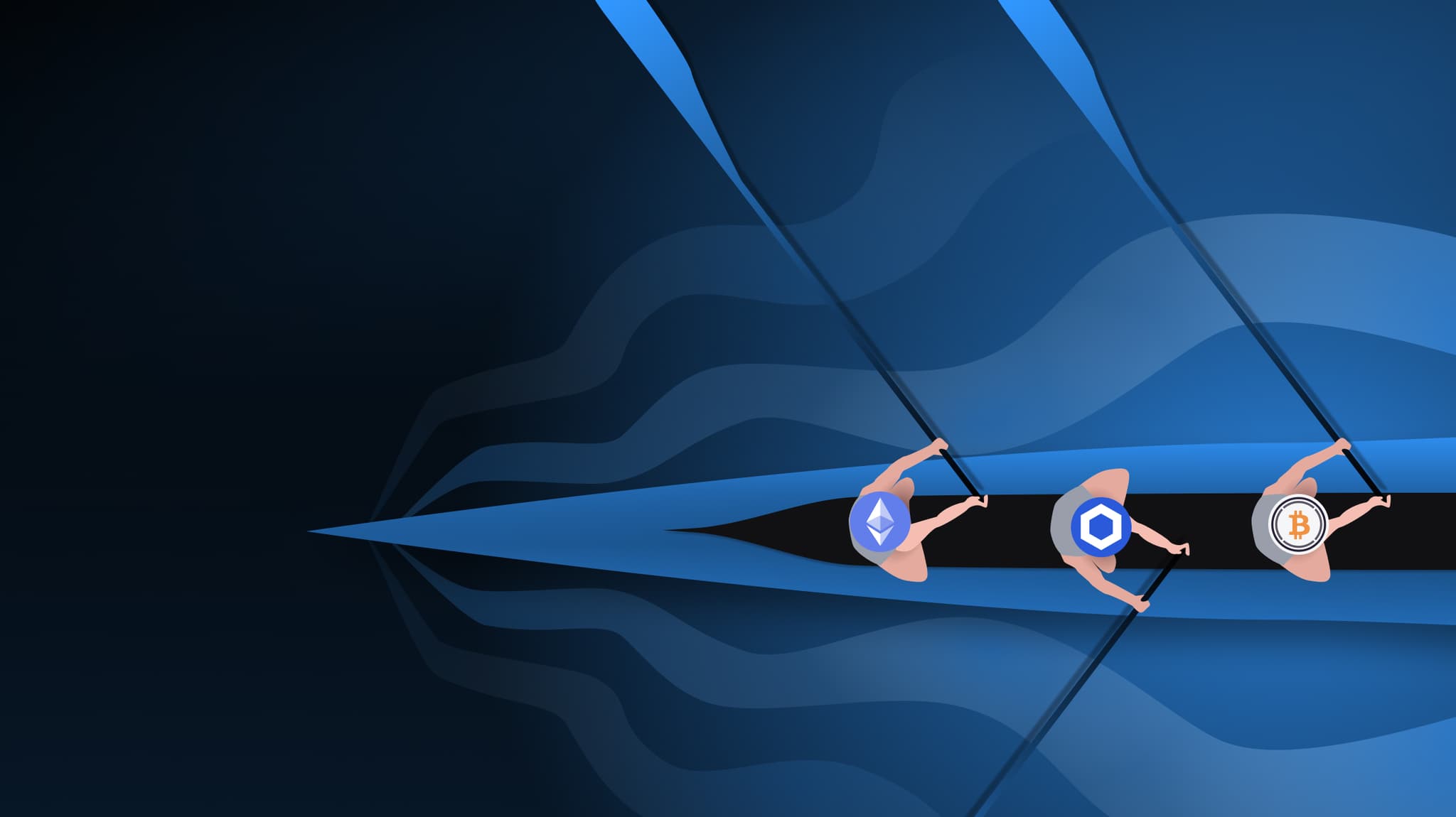 Rowers with Ethereum, Chainlink and Bitcoin logos pulling together in one boat, symbolising interoperability