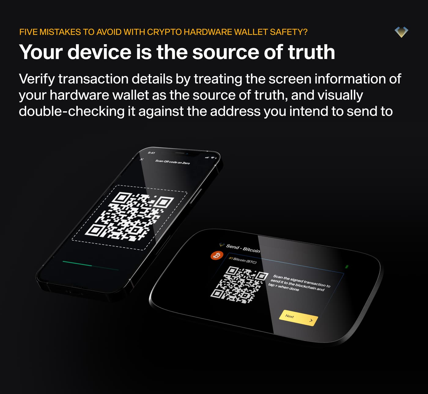 Your device is the source of truth: verify transaction details on the hardware wallet screen, shown with a phone and ZERO