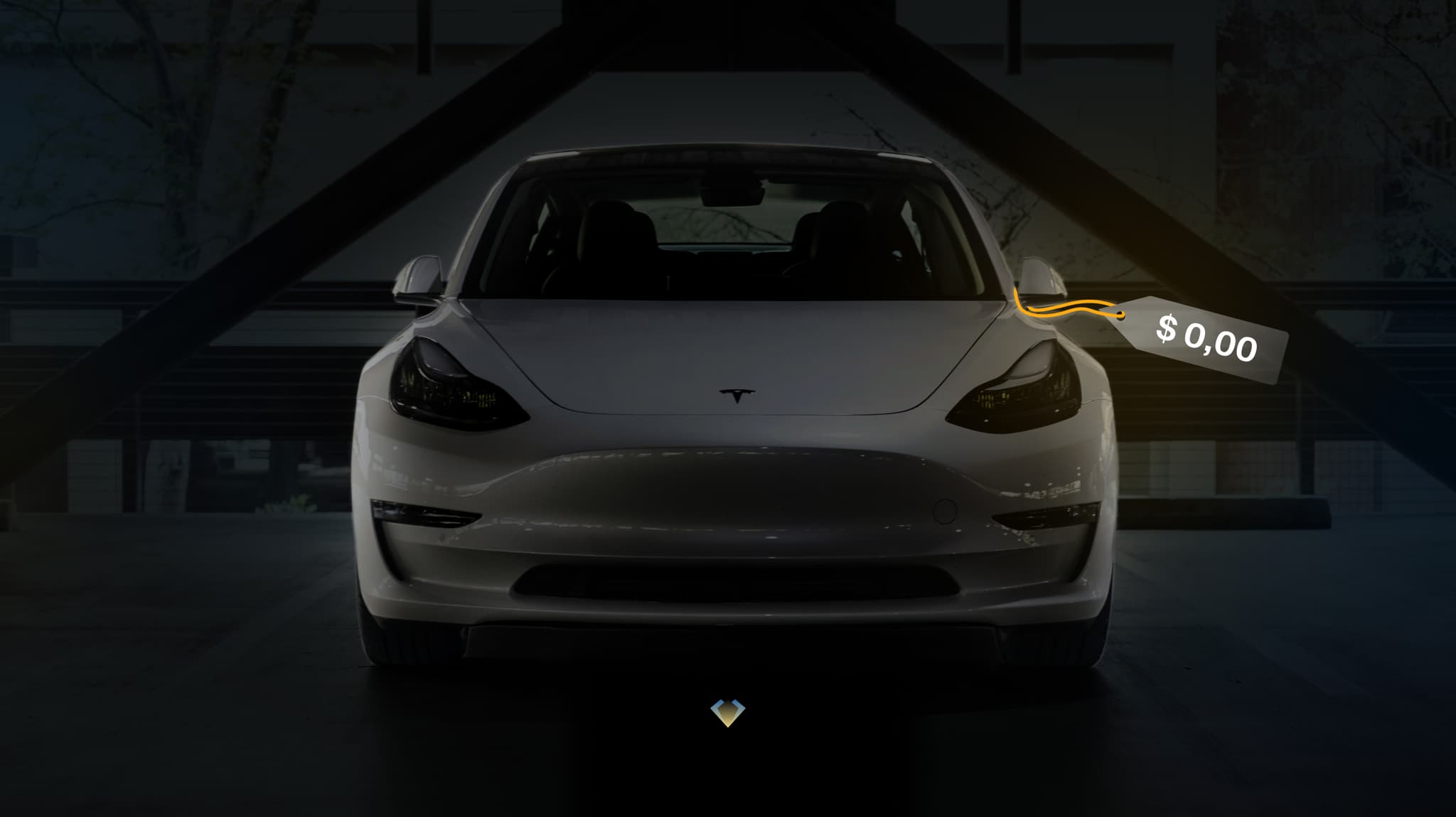 White Tesla with a $0,00 price tag hanging from its mirror