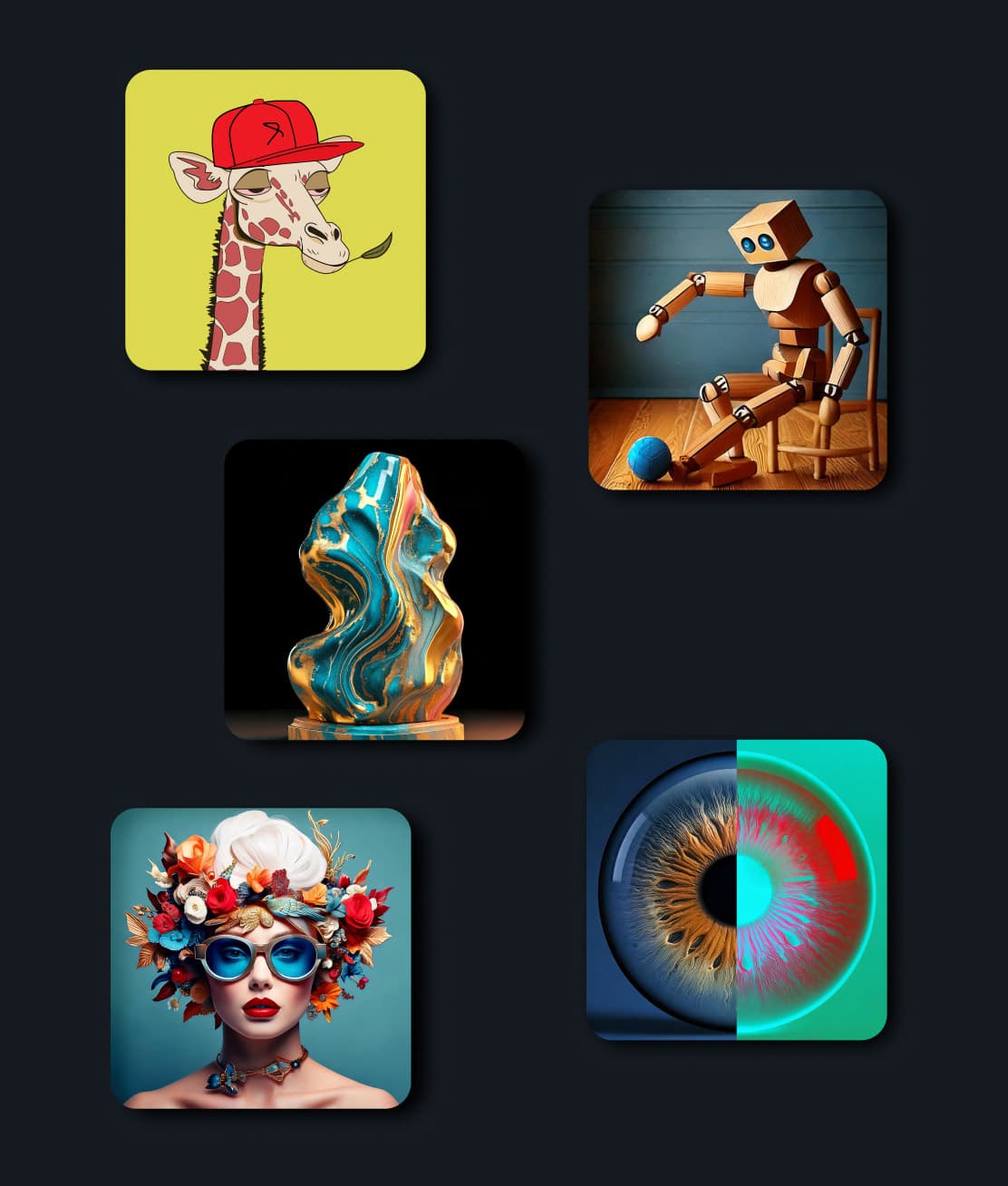 Five NFT artworks: a giraffe in a red cap, a wooden robot, a marble sculpture, a floral portrait and a split eye