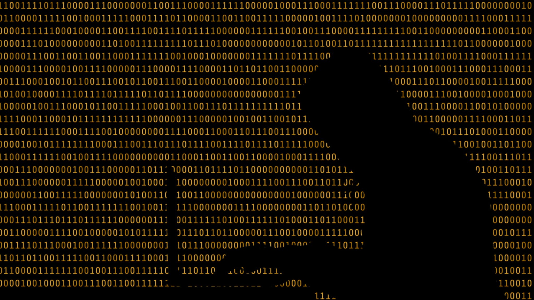 Silhouette of a hooded figure against a wall of orange binary code