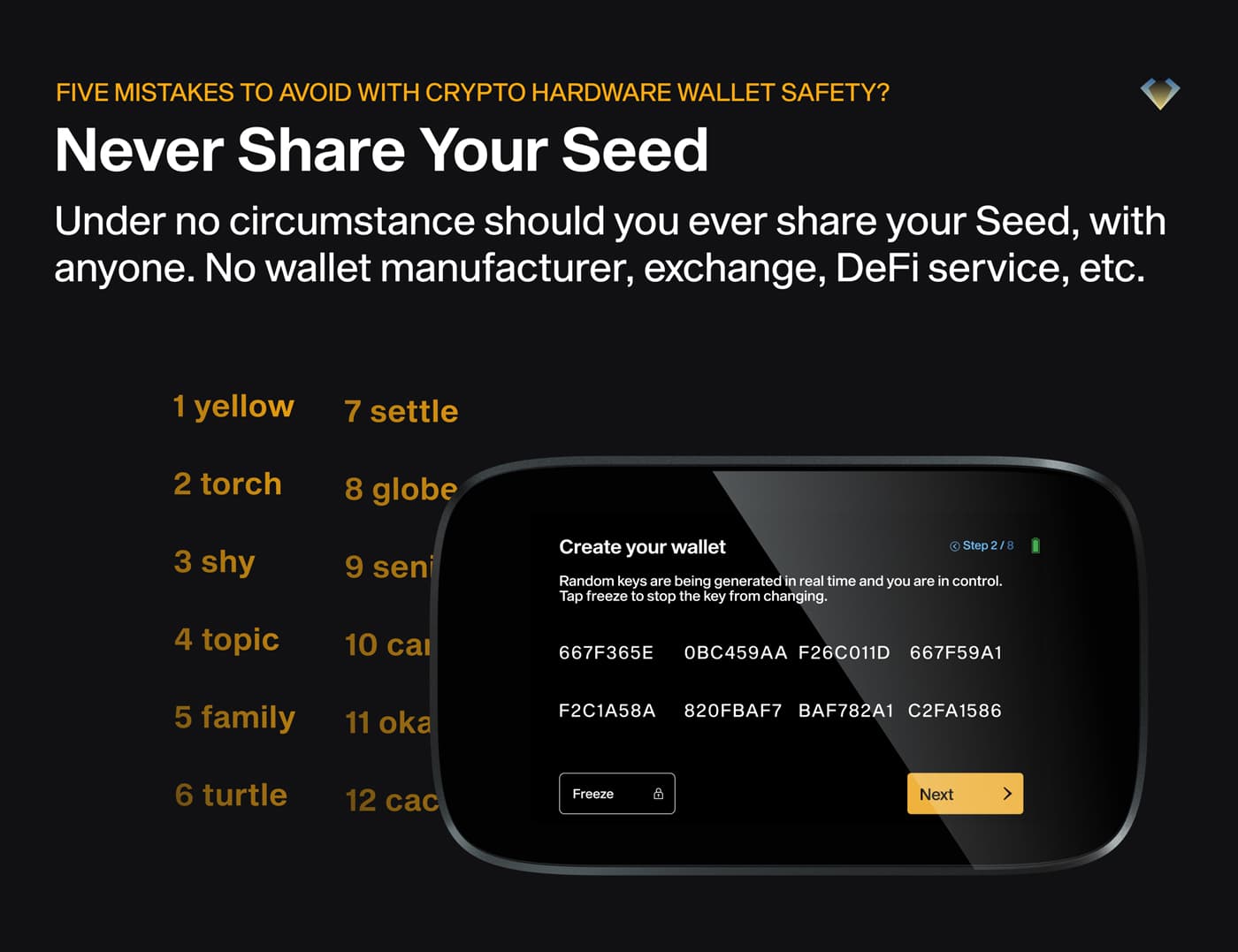 Never share your seed: no manufacturer, exchange or DeFi service should ask for it, shown beside a ZERO screen