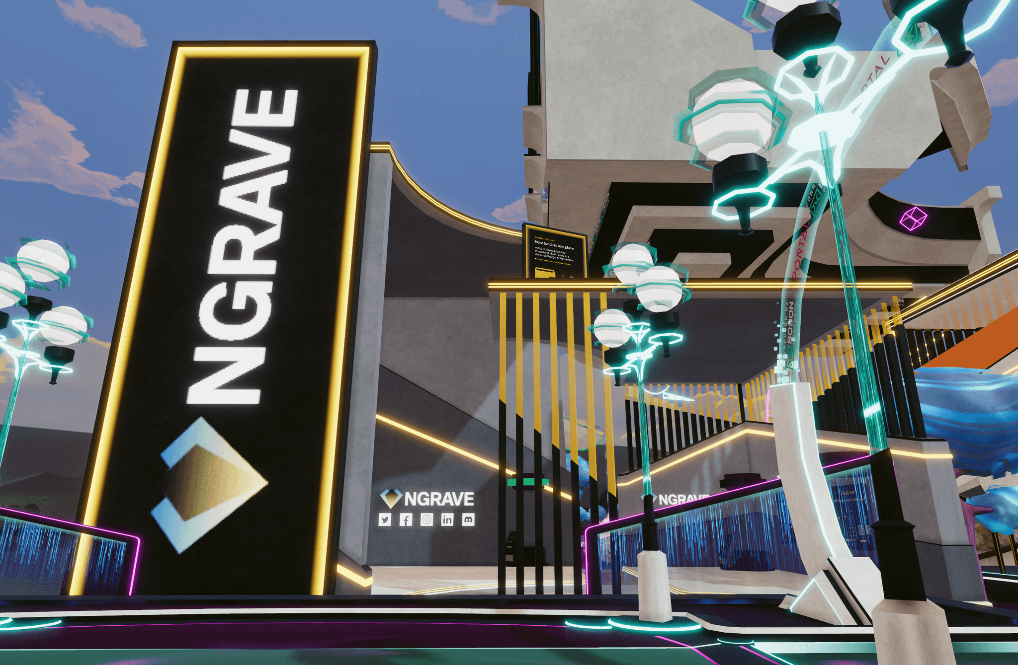 NGRAVE virtual store in the metaverse with a large illuminated NGRAVE sign at the entrance