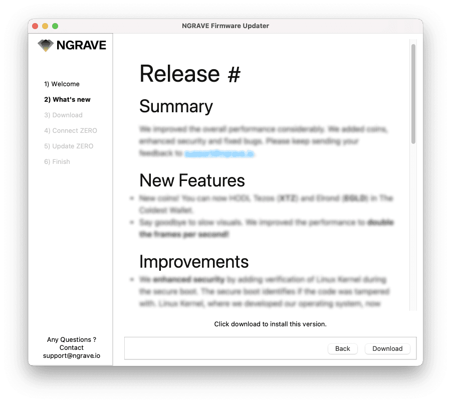 NGRAVE Firmware Updater showing the Release summary blurred.