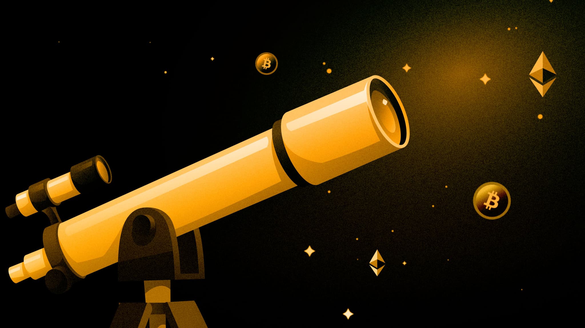 Illustrated telescope pointed at floating Bitcoin and Ethereum coins in a starry sky
