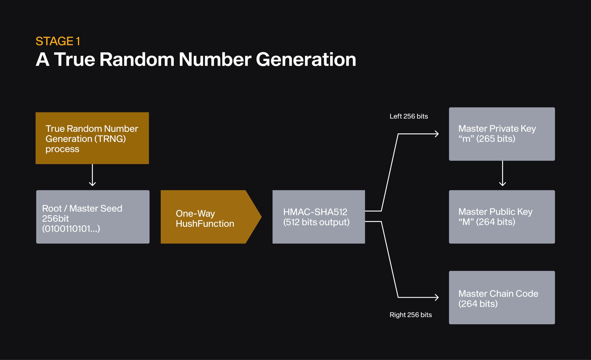 Flow diagram: a TRNG creates a 256-bit master seed, hashed by HMAC-SHA512 into the master keys and chain code