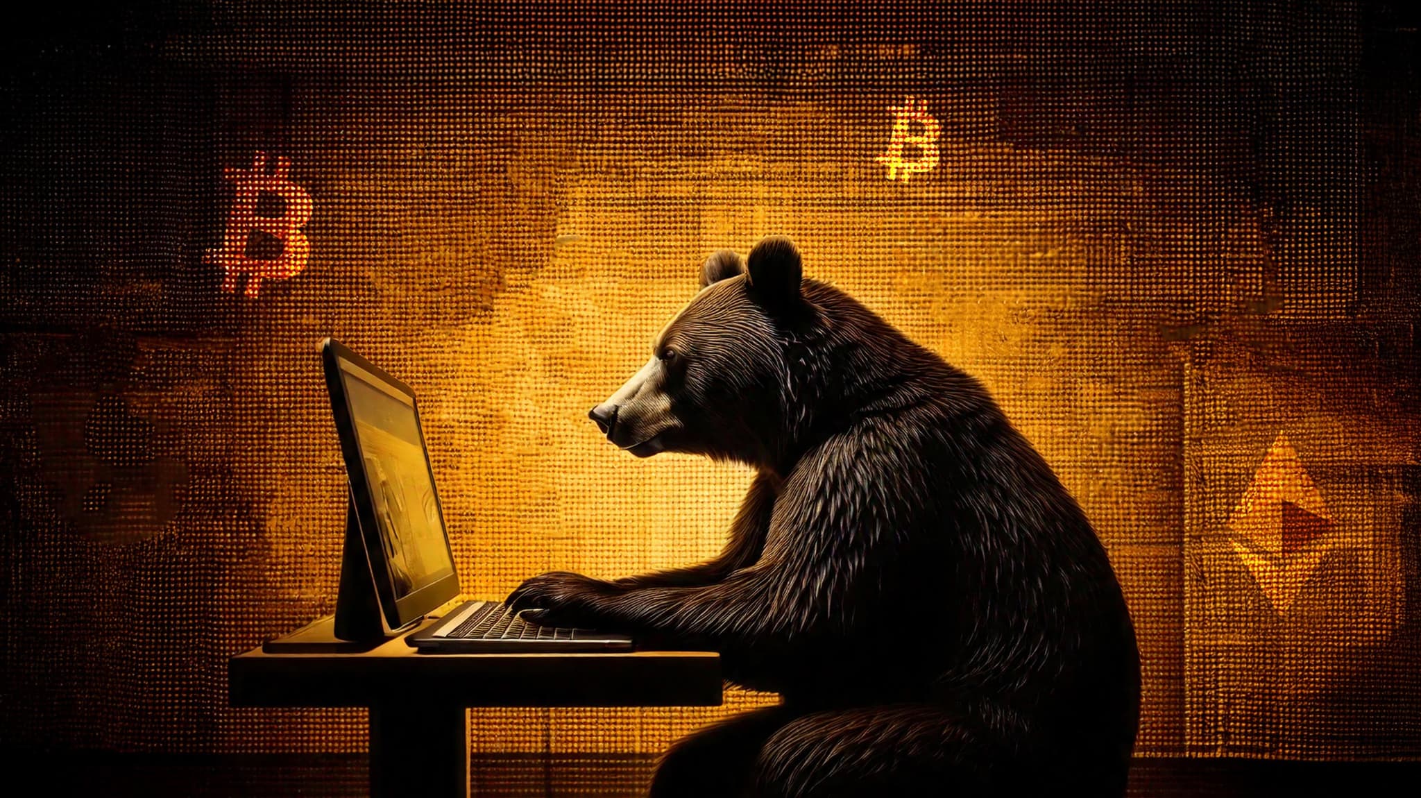 A bear using a laptop at a desk, with Bitcoin and Ethereum symbols in the background, suggesting a bearish crypto market theme.