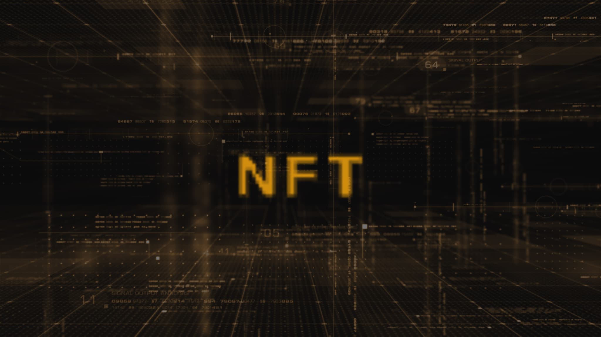 Glowing gold NFT lettering in a dark digital data grid