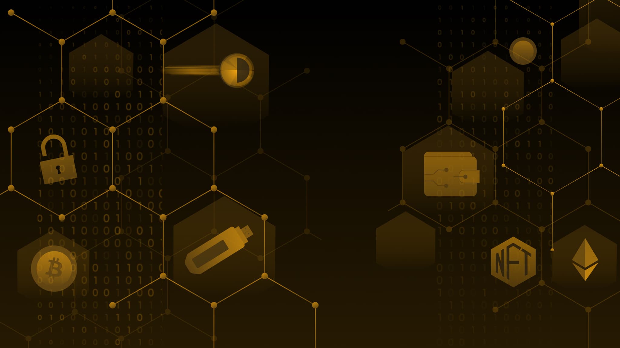 Gold hexagon grid with crypto icons: Bitcoin, Ethereum, NFT, a padlock, a USB hardware wallet and a wallet