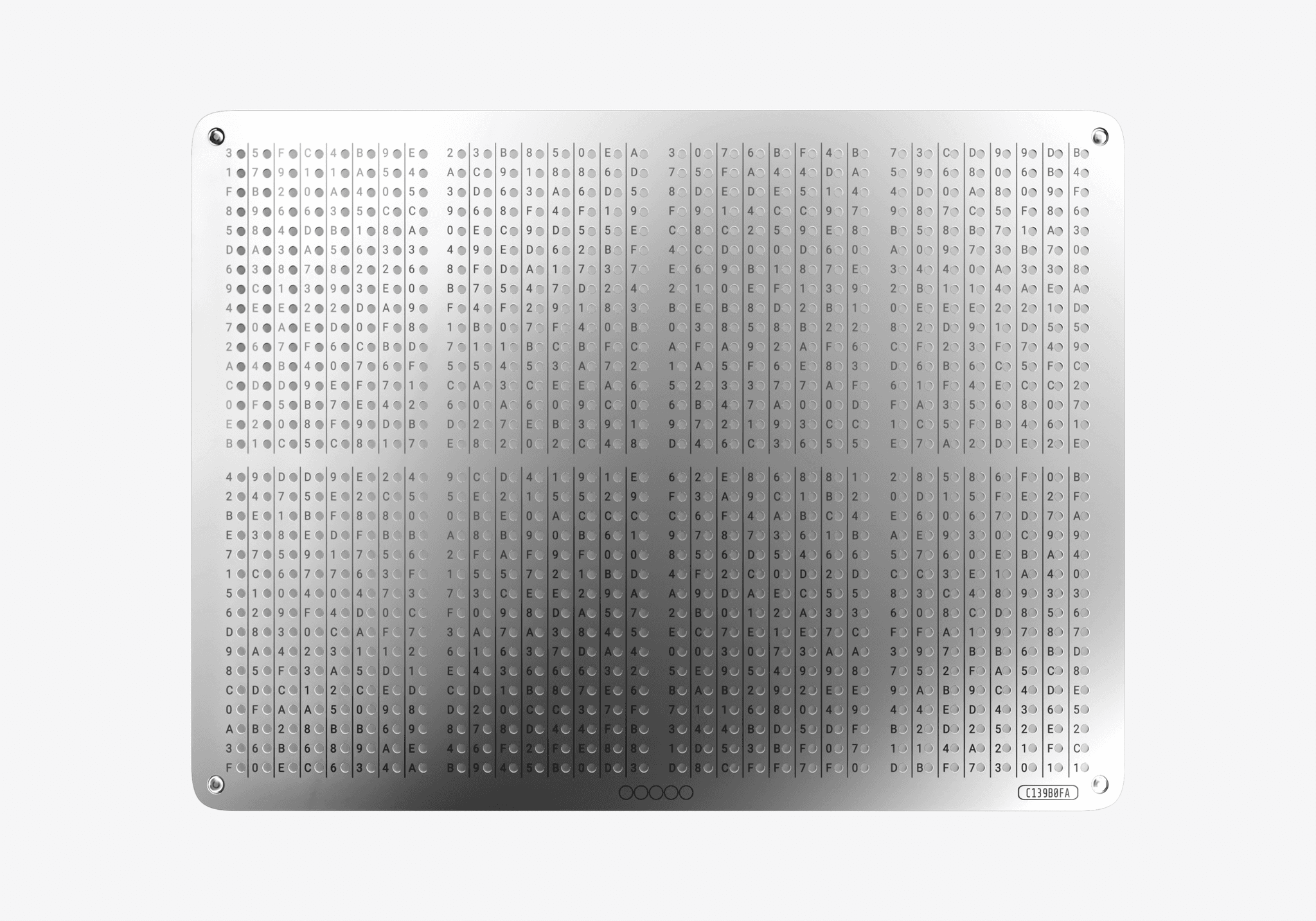 NGRAVE GRAPHENE steel plate with a grid of hexadecimal characters for punching an encrypted key backup