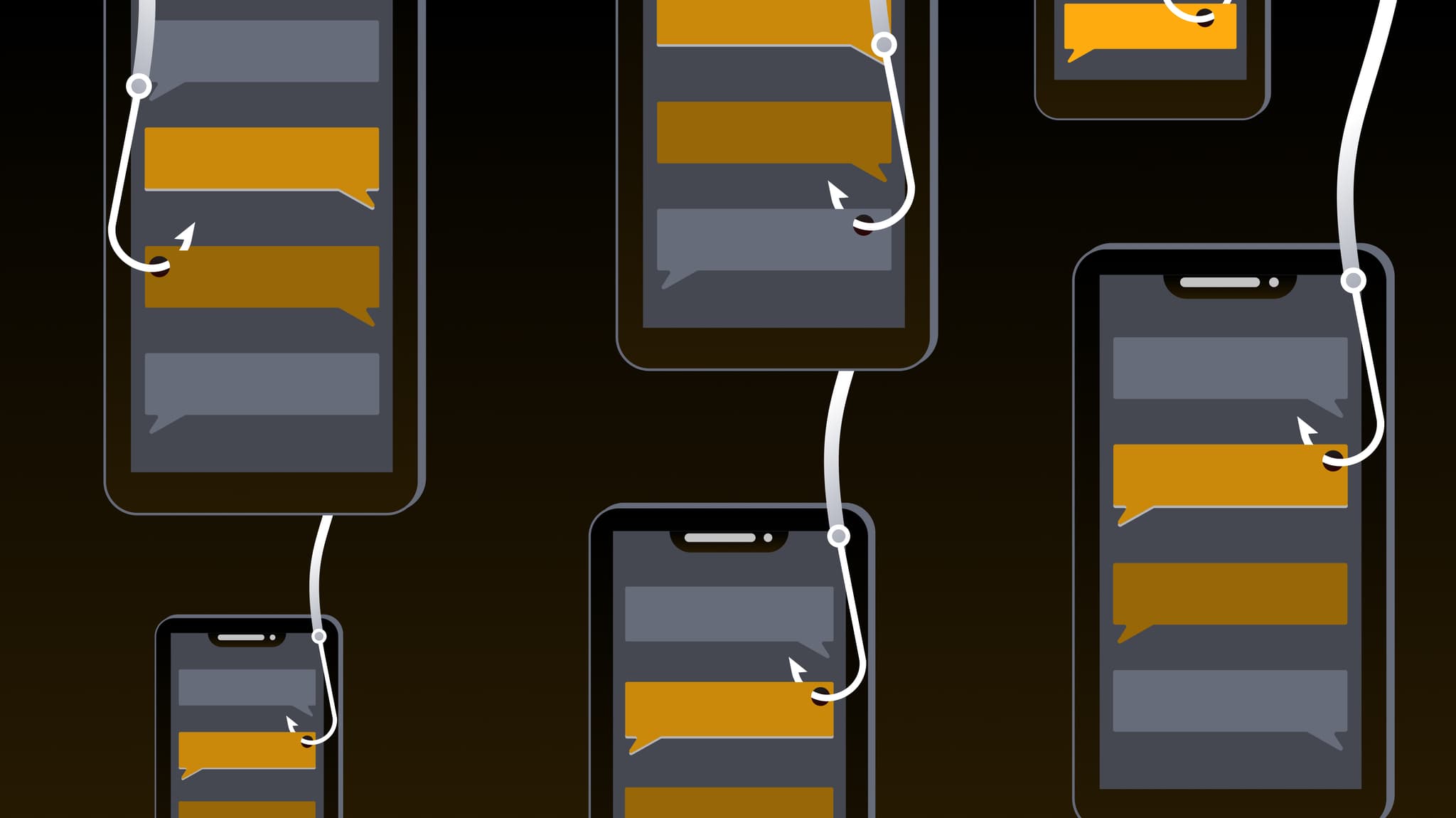 Phones with chat messages being hooked by fishing lines, representing phishing and intercepted messages