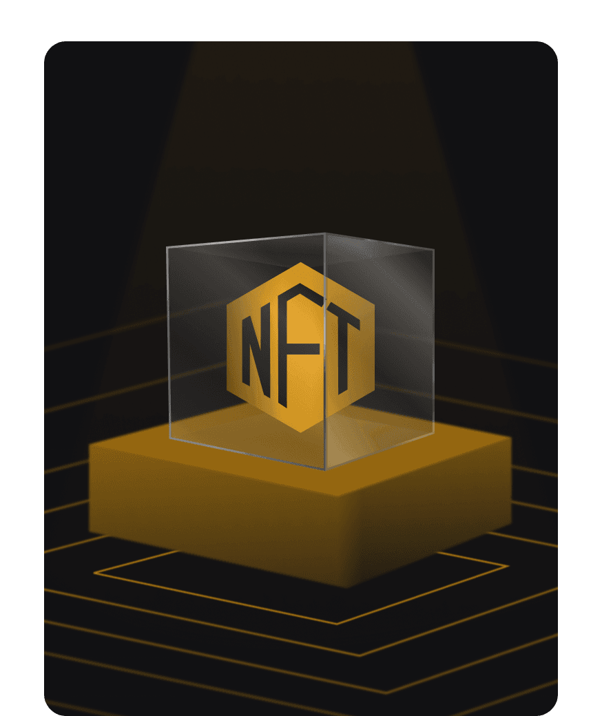 Gold NFT emblem inside a glass cube on a gold pedestal under a spotlight