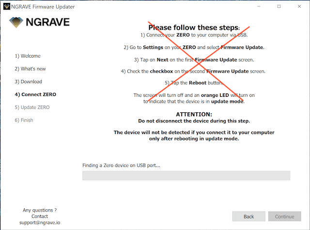 Firmware Updater Connect ZERO step on Windows with the reboot instructions crossed out in red